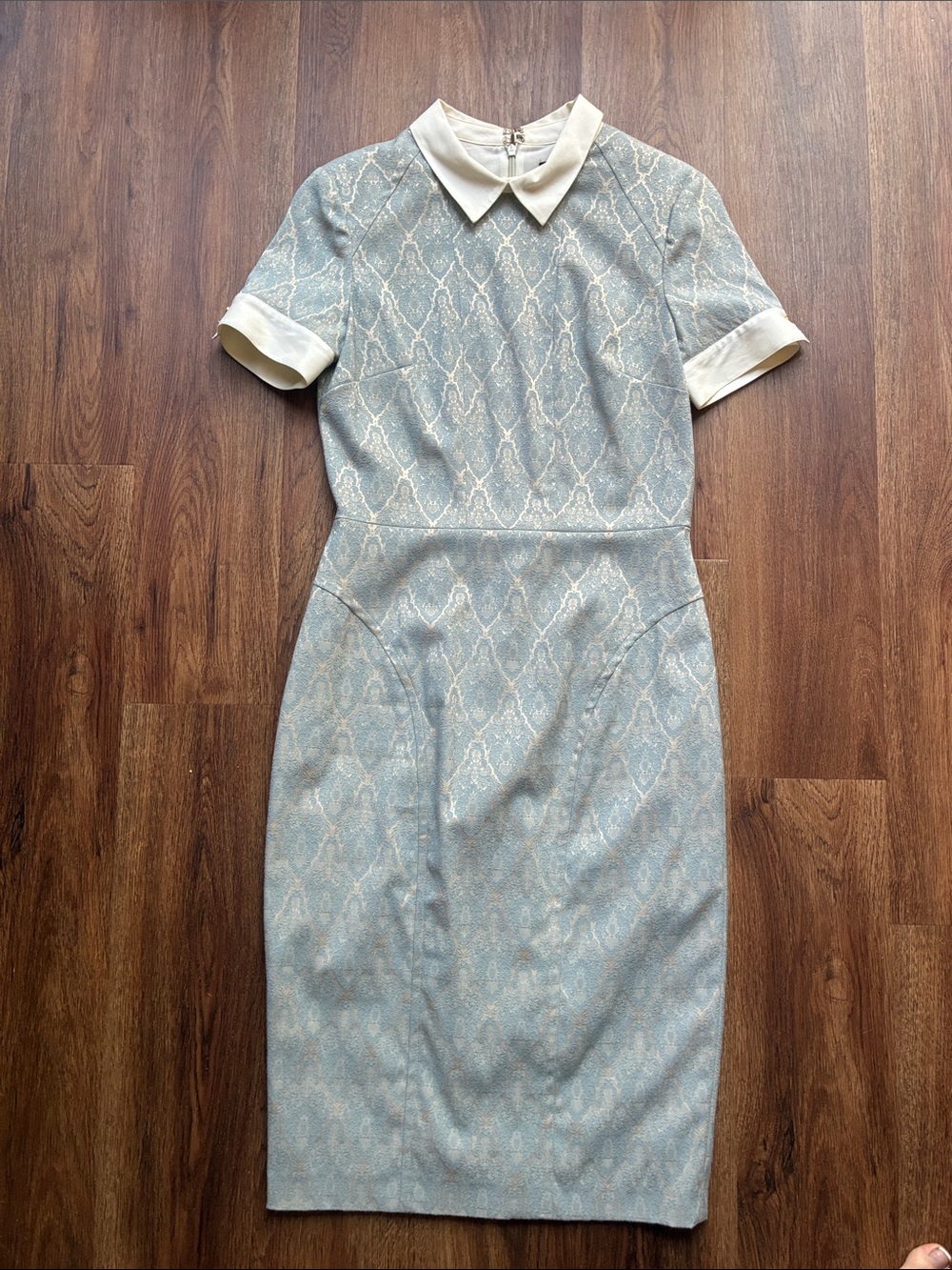 Cynthia Steffe Pale Blue Lace-Pattern Sheath Dress with Cream Collar